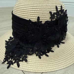 Toucan Collection Straw Hat with Black Floral Appliqué